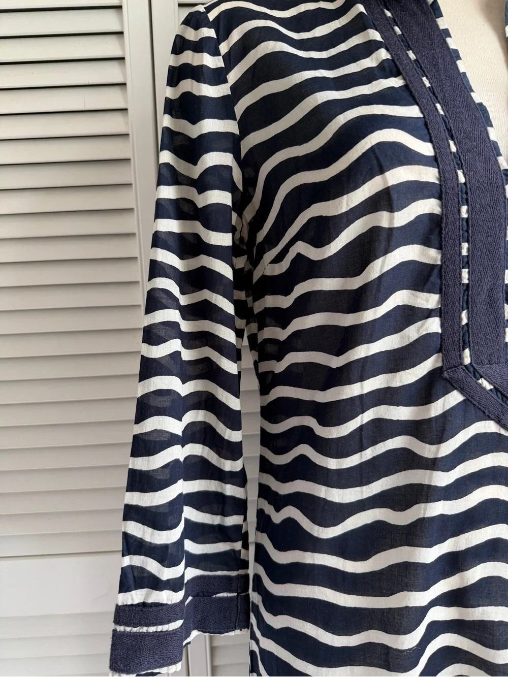 8🌊 Tory Burch Navy and White Wave Stripe Swim Tunic Coverup Dress 3/4 Sleeve